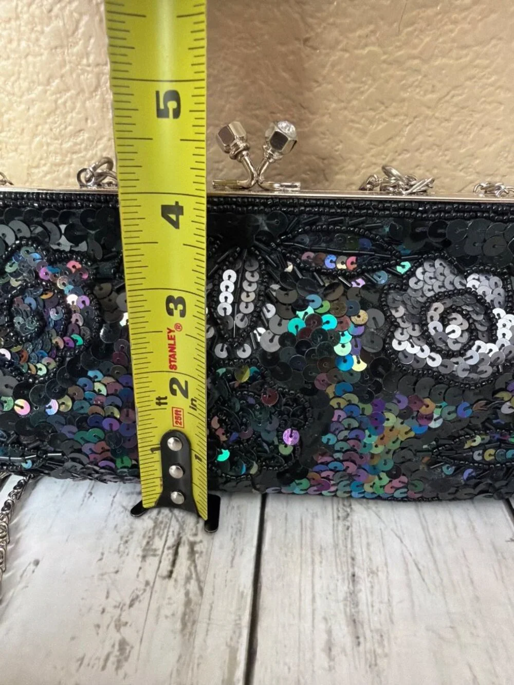 Y2K Max Mayer Black Beaded Sequin Evening Bag Clutch Kiss Lock Chain Strap NEW - Picture 9 of 14